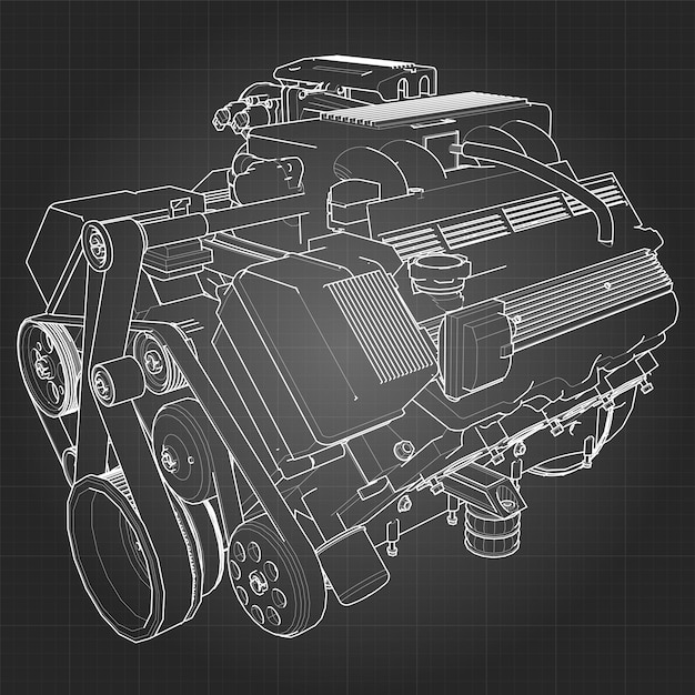 Potente motore per auto V8. Il motore è disegnato con linee bianche su un foglio nero in una gabbia.