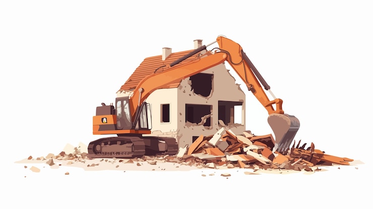 Vettore potenti pala per escavatori idraulici nel sito di demolizione di edifici