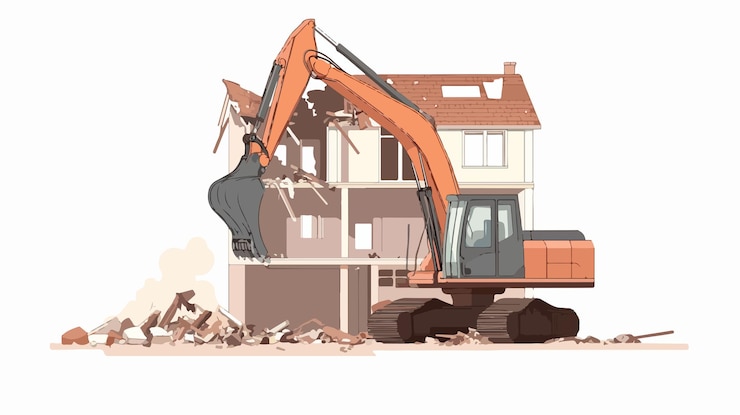 Vettore potenti pala per escavatori idraulici nel sito di demolizione di edifici