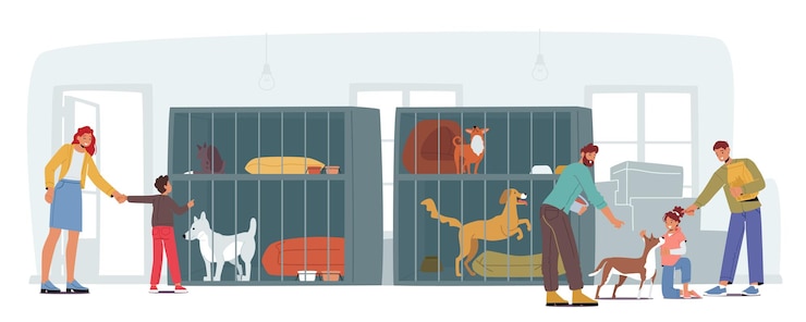 Vettore pound centro di riabilitazione o adozione per animali randagi e senzatetto famiglia sorridente genitori e bambini che adottano animali domestici