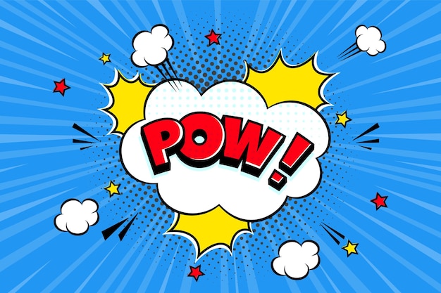 Pow fumetto discorso bolla mezzitoni ombra testo espressione retrò stile fumetto design piatto