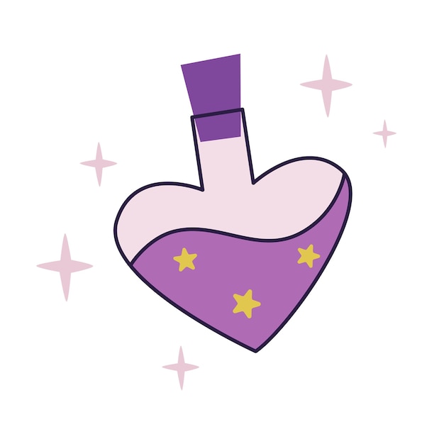 Pozione magica clip art elixir d'amore a mano disegnato semplice simbolo bottiglie con liquido a forma di cuore