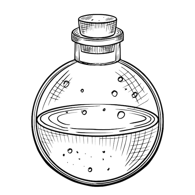 Pozione magica in una bottiglia rotonda con sughero Illustrazione vettoriale della stregoneria Veleno su sfondo isolato Gravatura di elixir per l'alchimia dipinto con inchiostri neri Disegno dell'elemento di Halloween
