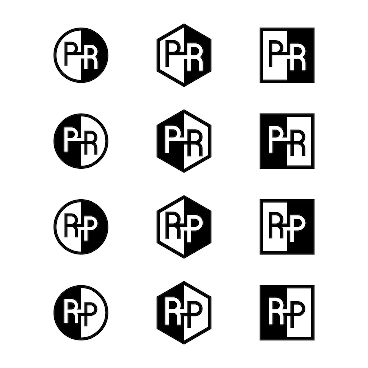 Vettore pr e rp lettere positive e negative set di logo adatto a qualsiasi azienda
