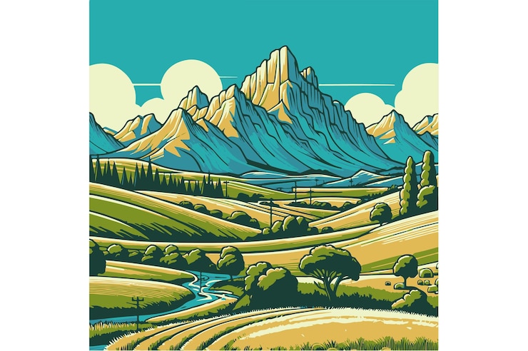 Vettore prairies verdoyantes des deux cts de la montagne