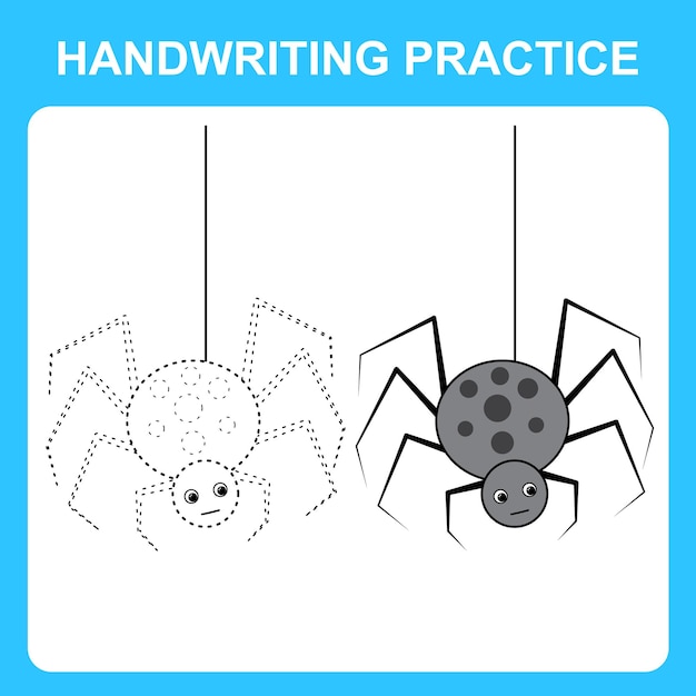 Pratica della scrittura a mano Disegna linee e colora il ragno Gioco educativo per bambini Foglio di lavoro stampabile Foglio di lavoro stampabile Illustrazione vettoriale