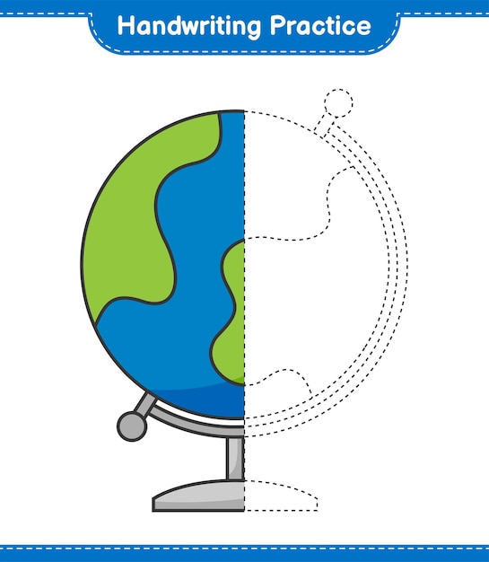 Pratica della scrittura a mano. Tracciare le linee di Globe. Gioco educativo per bambini, foglio di lavoro stampabile, illustrazione vettoriale
