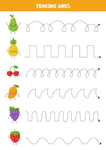 Pratica di scrittura a mano con simpatici frutti kawaii Tracciare linee per bambini in età prescolare Illustrazione vettoriale frutti kawaii