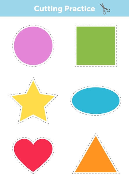Pratica di taglio per bambini Forme geometriche Circolo ovale quadrato triangolo stella cuore.