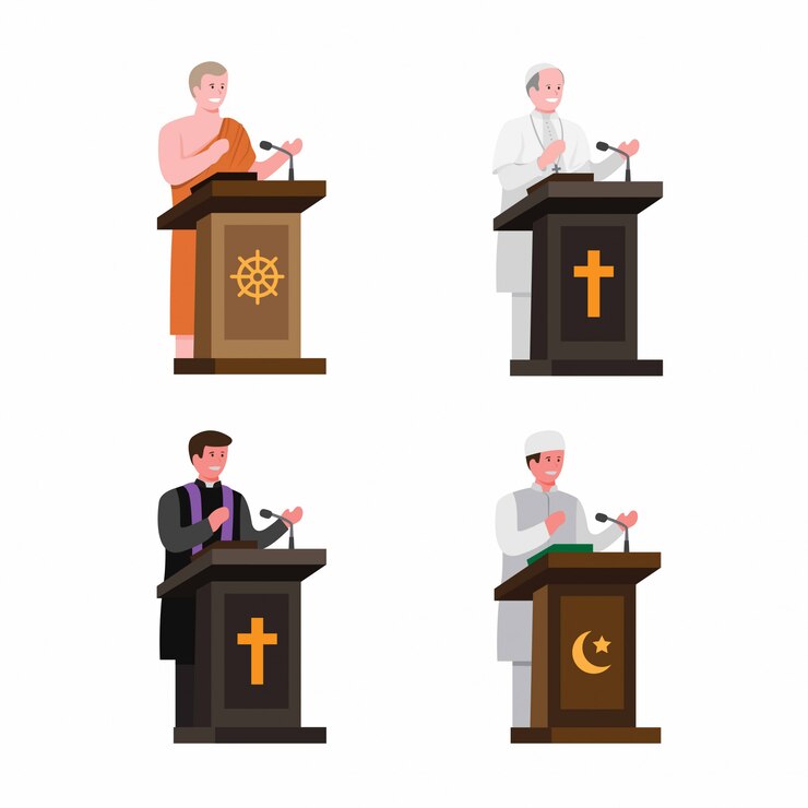 Predicatore di religione nel set di raccolta sul podio. fumetto illustrazione piatta modificabile isolato in sfondo bianco