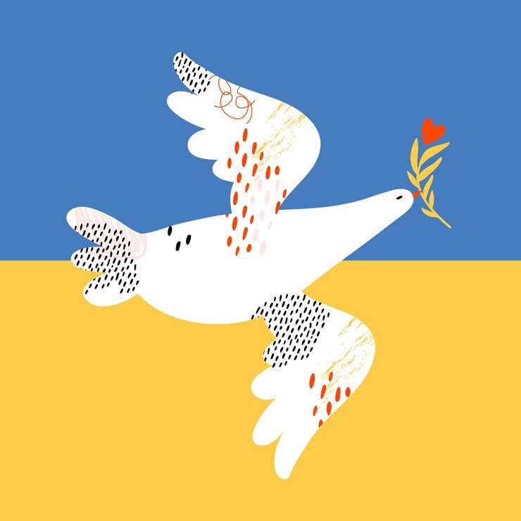 Pregare per la pace L'Ucraina ferma la guerra in Ucraina Volare colomba bianca della pace sullo sfondo della bandiera gialla e blu Uccello con ramo d'ulivo Manifesto dell'insegna dell'illustrazione piana di vettore concettuale