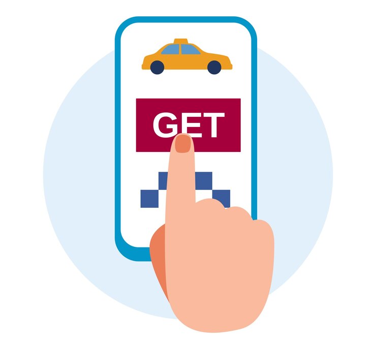 Vettore premere a mano il pulsante get su un'app di servizio di taxi sullo schermo di uno smartphone concetto di prenotazione di taxi online