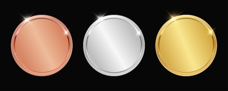 Vettore premi in bronzo, argento e oro 3d realistici, medaglie in bianco per il primo, secondo e terzo posto