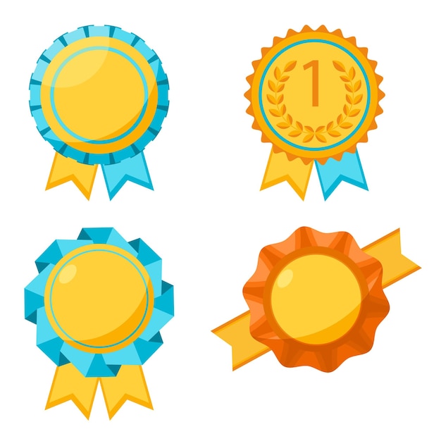 Premio raccolta di segni rotondi d'oro su bianco. Elementi per premiare i vincitori attaccandoli ai vestiti. poster di medaglie con nastri ondulati intorno e due pezzi appesi in design piatto