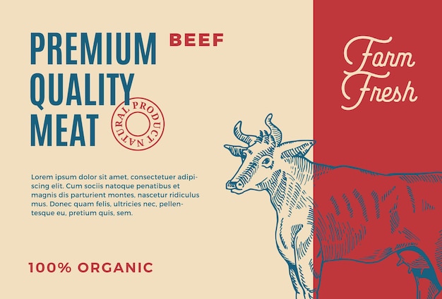 Premium Quality Beef Abstract Vector Carne Packaging Design o etichetta Tipografia moderna e layout di sfondo della siluetta della mucca disegnata a mano