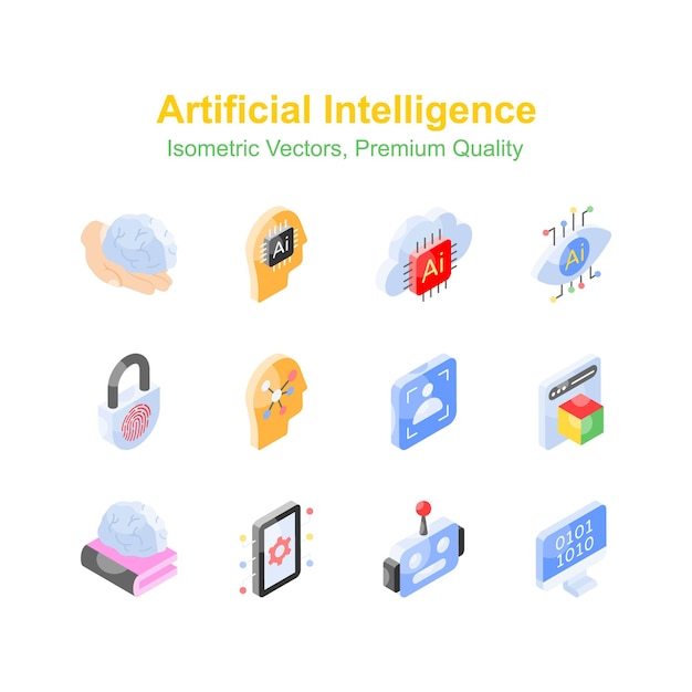 Prendi questo fantastico set di icone isometriche di intelligenza artificiale pronto per l'uso vettoriale