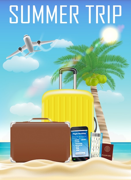 prenotazione del volo online per smartphone con borsa viaggio estiva