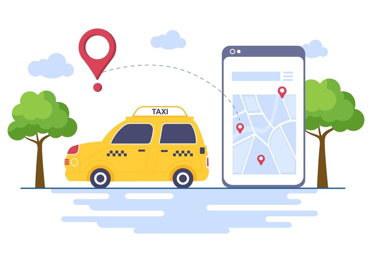 Vettore prenotazione taxi online servizio di viaggio design piatto illustrazione tramite app mobile su smartphone porta qualcuno a una destinazione adatta per sfondo, poster o banner