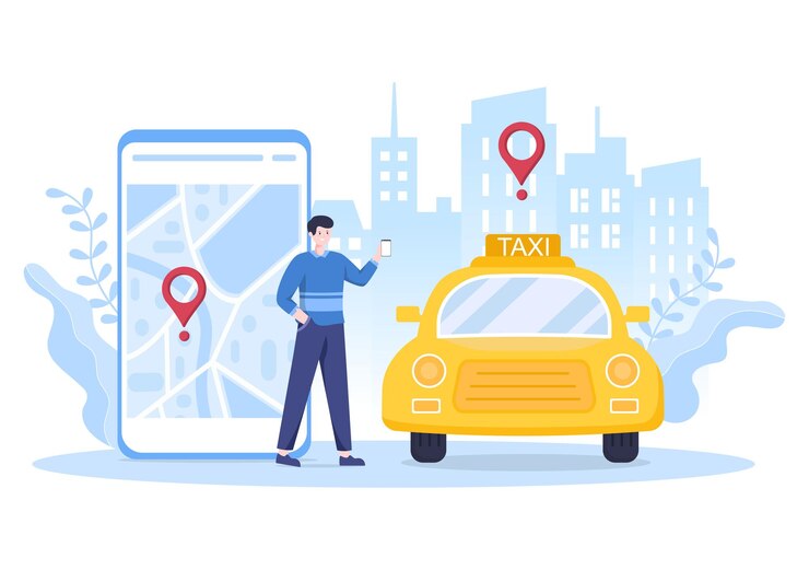 Vettore prenotazione taxi online servizio di viaggio design piatto illustrazione tramite app mobile su smartphone porta qualcuno a una destinazione adatta per sfondo, poster o banner