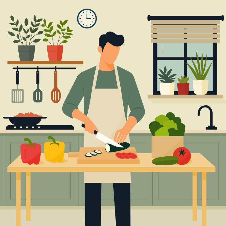 Vettore preparare le verdure in una cucina moderna