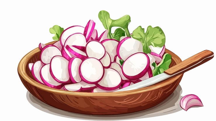 Vettore preparazione di insalata di radice con fette sottili di radice