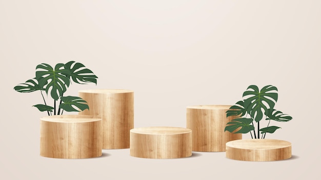 Presentazione del podio in legno vettoriale mock up Mostra in legno per esposizione di prodotti cosmetici con design del piedistallo con foglie naturali