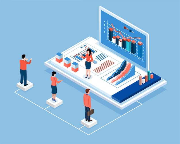 Presentazione dell'uomo d'affari. Un senior manager che presenta un progetto, statistiche, infografiche, ricerche di marketing per progetti di dati aziendali. Illustrazione isometrica vettoriale.