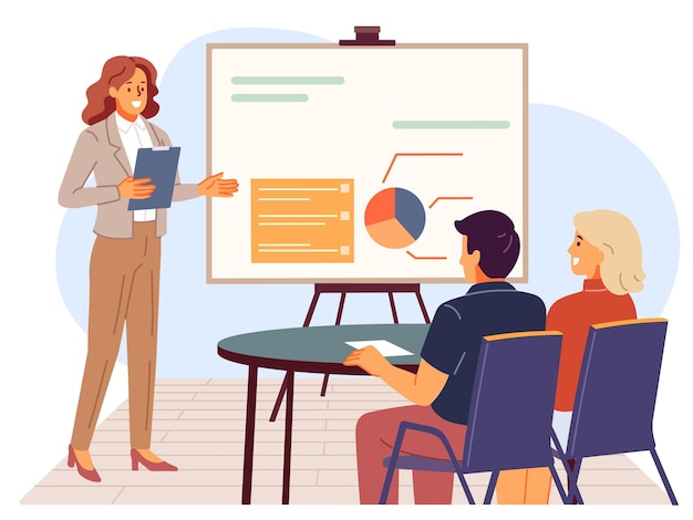Presentazione di un'uomo d'affari Un oratore femminile in un seminario d'ufficio Il direttore mostra il rapporto Ai dipendenti Ai partner e ai colleghi Un'uomo di affari presenta un'infografica Un concetto vettoriale piatto di cartone animato