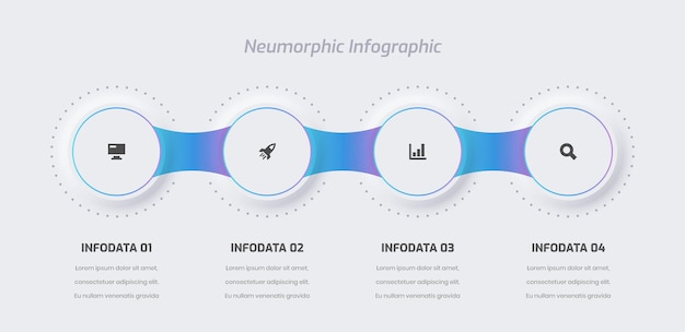 Presentazione infografica neumorfica aziendale con opzione e icona dell'etichetta 4 del cerchio di colore sfumato