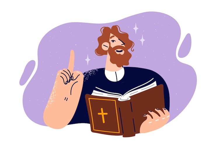 Vettore prete con la bibbia in mano che dà istruzioni ai parrocchiani che vogliono unirsi al cristianesimo