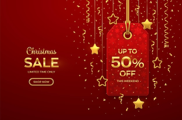 Prezzo di vendita di Natale e Capodanno. Etichetta rossa realistica appesa a una corda d'oro. Etichetta sconto con stelle dorate e coriandoli. Design di banner natalizi, pubblicità, cartellino del prezzo di marketing. Illustrazione vettoriale.