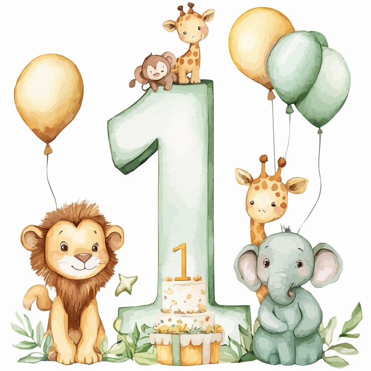 Vettore prima carta d'invito di compleanno acquerello cartone animato illustrazione vettoriale di animali piccoli con palloncini