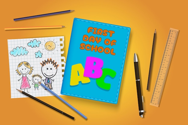 Primo giorno di scuola sfondo vettoriale con rifornimenti scolastici ed elementi creativi