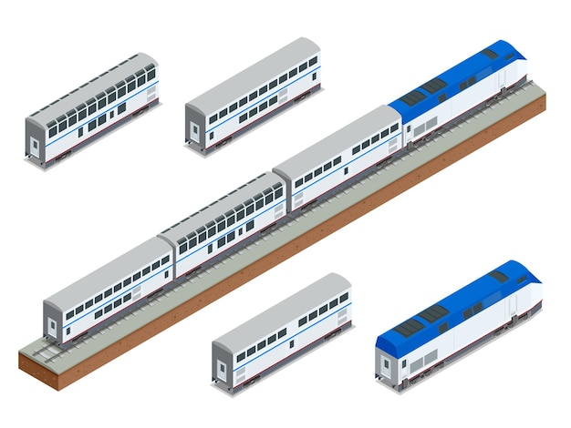 Primo piano del treno passeggeri a lunga percorrenza a due piani di vettore isometrico. Treno passeggeri veloce moderno a due piani. Carrozza ferroviaria. Veicoli progettati per trasportare un gran numero di passeggeri