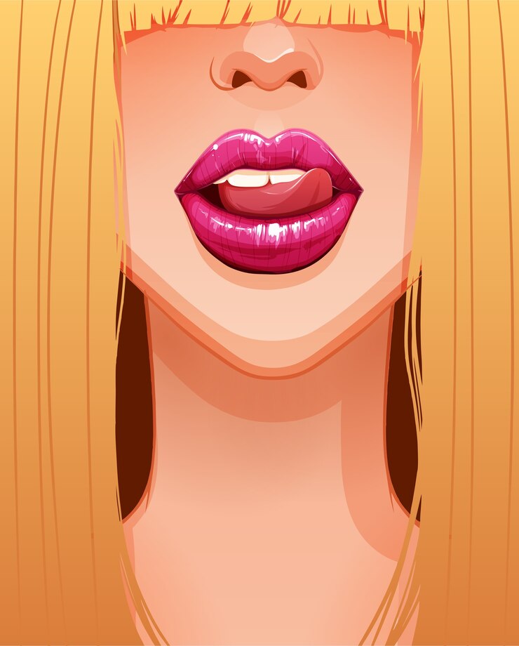 Vettore primo piano della bocca della donna bionda che lecca le sue belle labbra rosa. illustrazione