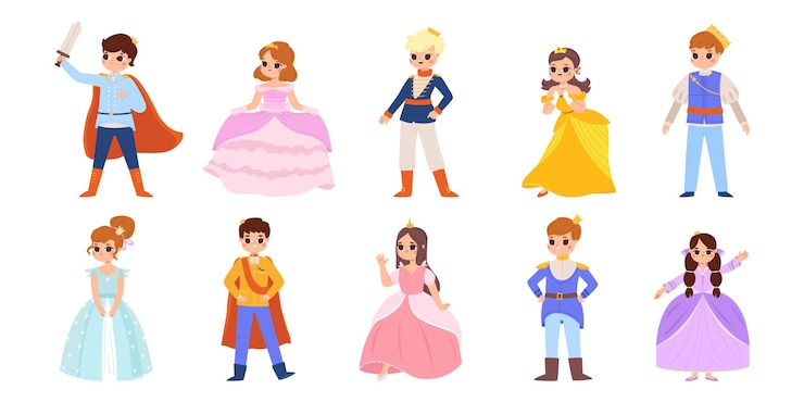 Vettore principessa e principe, piccola signora e cavaliere, mondo magico, personaggi per bambini, ragazze e ragazzi in costume e vestiti, favole, clip di vettori accoglienti.