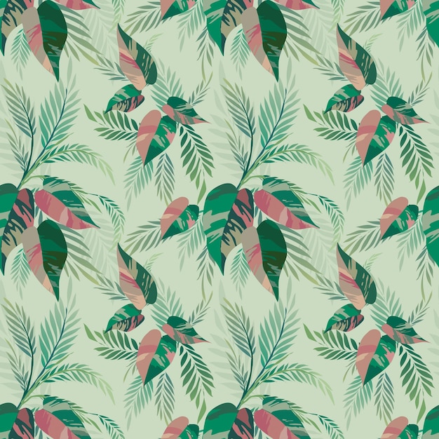 Principessa rosa e pianta di foglie di palma, design tropicale senza cuciture su sfondo verde