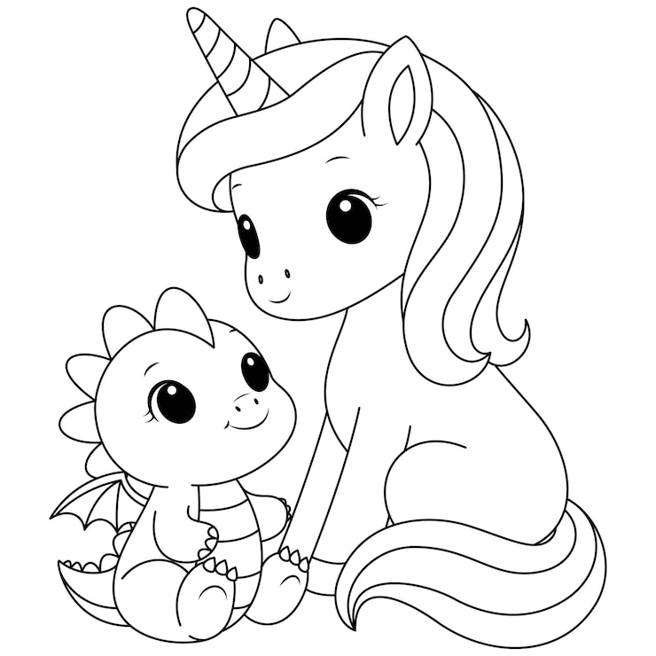 Vettore printcute kawaii unicorno con bambino drago pagina da colorare per bambini animale contorno doodle colorazione
