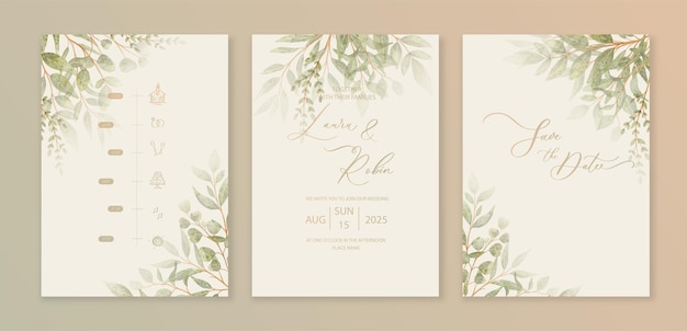 Priorità bassa della carta dell'invito di nozze di lusso con foglie botaniche dell'acquerello verde