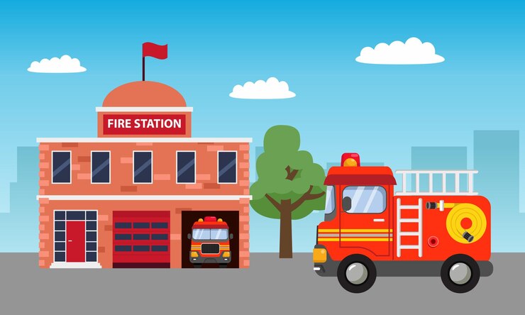 Vettore priorità bassa della costruzione della stazione dei vigili del fuoco per il tema di compleanno dei bambini con il camion dei pompieri.