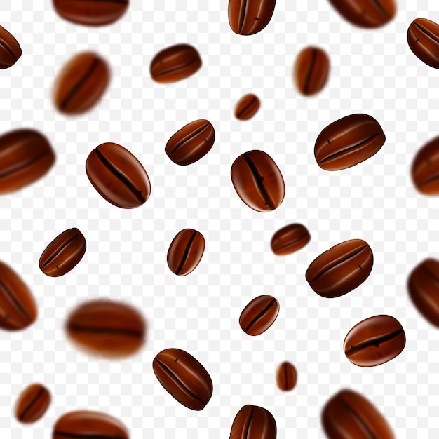 Priorità bassa di chicchi di caffè volanti. Chicchi di caffè volanti realistici senza soluzione di continuità con effetto sfocato. illustrazione realistica 3D. Sfondo trasparente. Illustrazione vettoriale.