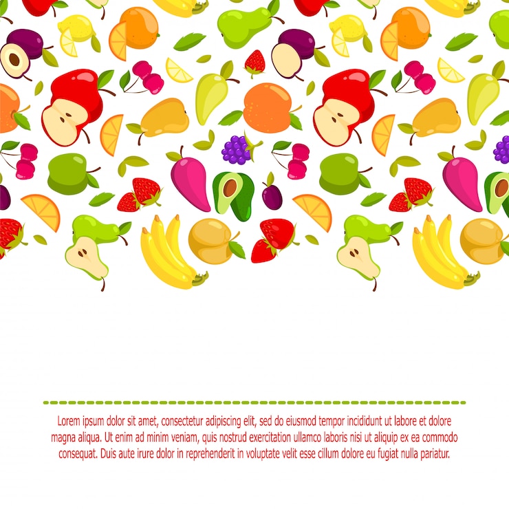 Vettore priorità bassa di frutti del fumetto di vettore. banner con illustrazione di alimenti freschi naturali