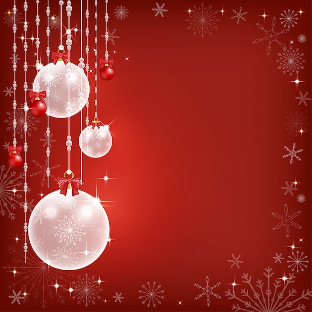 priorità bassa di inverno con varie sfere rosse e bianche di Chritsmas che appendono con il backgroud rosso