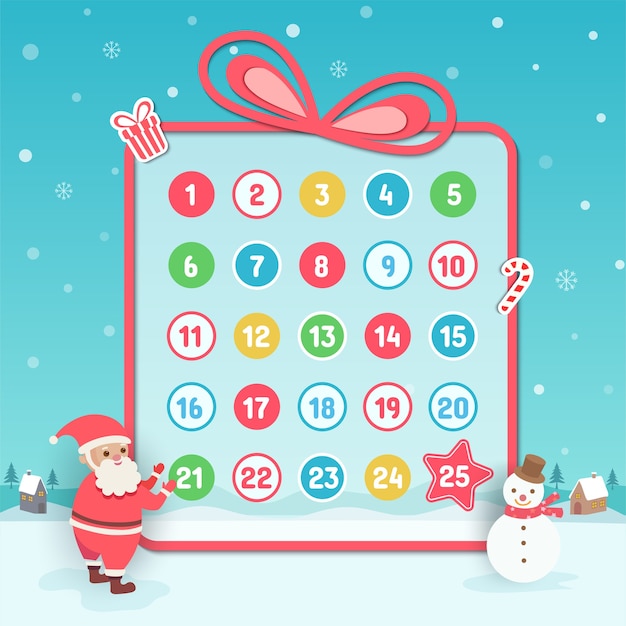 Priorità bassa di natale del calendario dell'avvento con babbo natale e pupazzo di neve