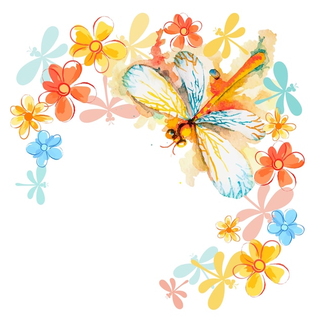 Priorità bassa di saluto di vettore con bella libellula arancione volante dell'acquerello e fiori delicati