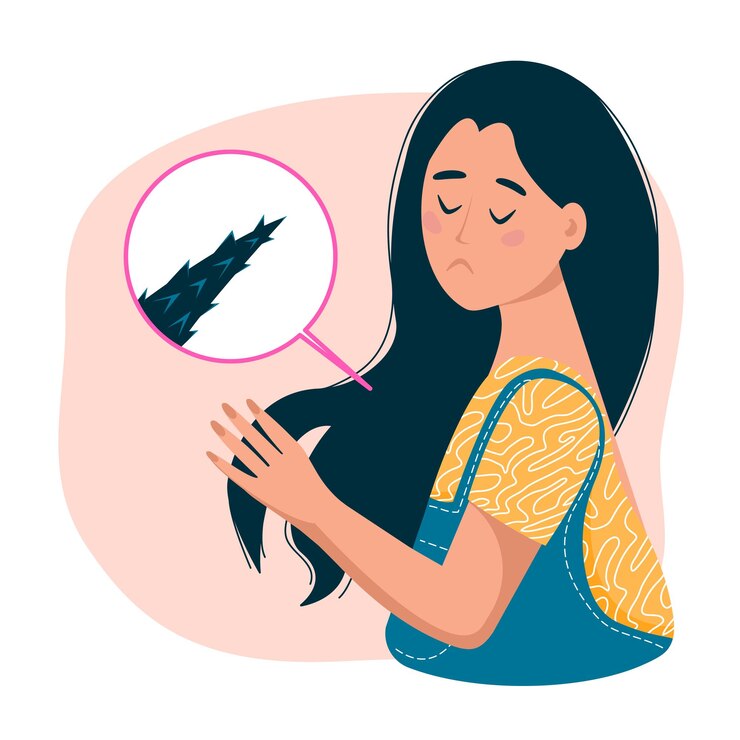 Problema delle doppie punte La ragazza triste guarda i suoi capelli lunghi danneggiati Vector