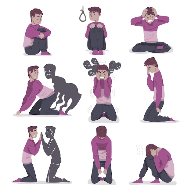 Problemi di salute mentale impostati depressi persone disperate sedute sul pavimento disturbo psicologico concetto illustrazione vettoriale in stile cartone animato