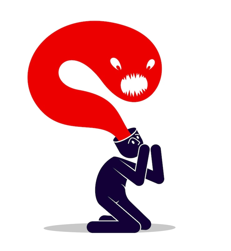Vettore problemi psichici come fobie psicosi schizofrenia allucinazioni concetto vettoriale illustrazione in stile piatto alla moda psichiatria e psicologia allegoria uomo con mostro dalla testa