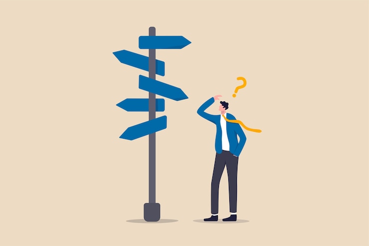 Vettore processo decisionale aziendale, percorso di carriera, direzione del lavoro o leadership per scegliere la strada giusta per il concetto di successo