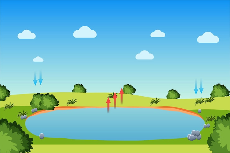 Vettore processo del ciclo dell'acqua con uno stagno e cielo blu diagramma infografico del processo di condensazione e precipitazione dell'evaporazione per lo studio campo verde con cespugli e un laghetto per l'evaporazione dell'acqua